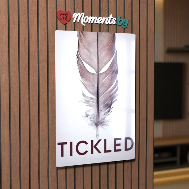 Черно-белый минималистичный кинопостер Tickled 2016 года с загадочным сюжетом на темном фоне — картина на металле в современном интерьере