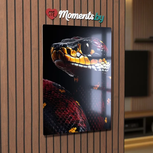 Макросъемка королевской змеи с яркой красно-черной чешуей на глубоком темном фоне — картина на металле в современном интерьере