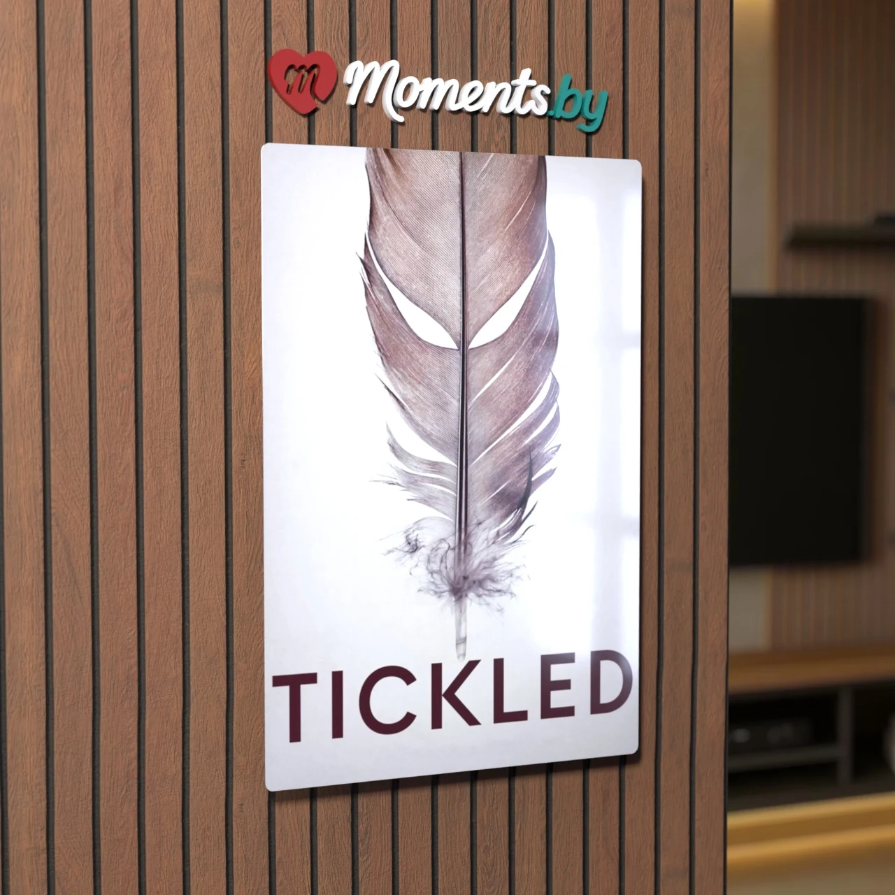Черно-белый минималистичный кинопостер Tickled 2016 года с загадочным сюжетом на темном фоне — картина на металле в современном интерьере